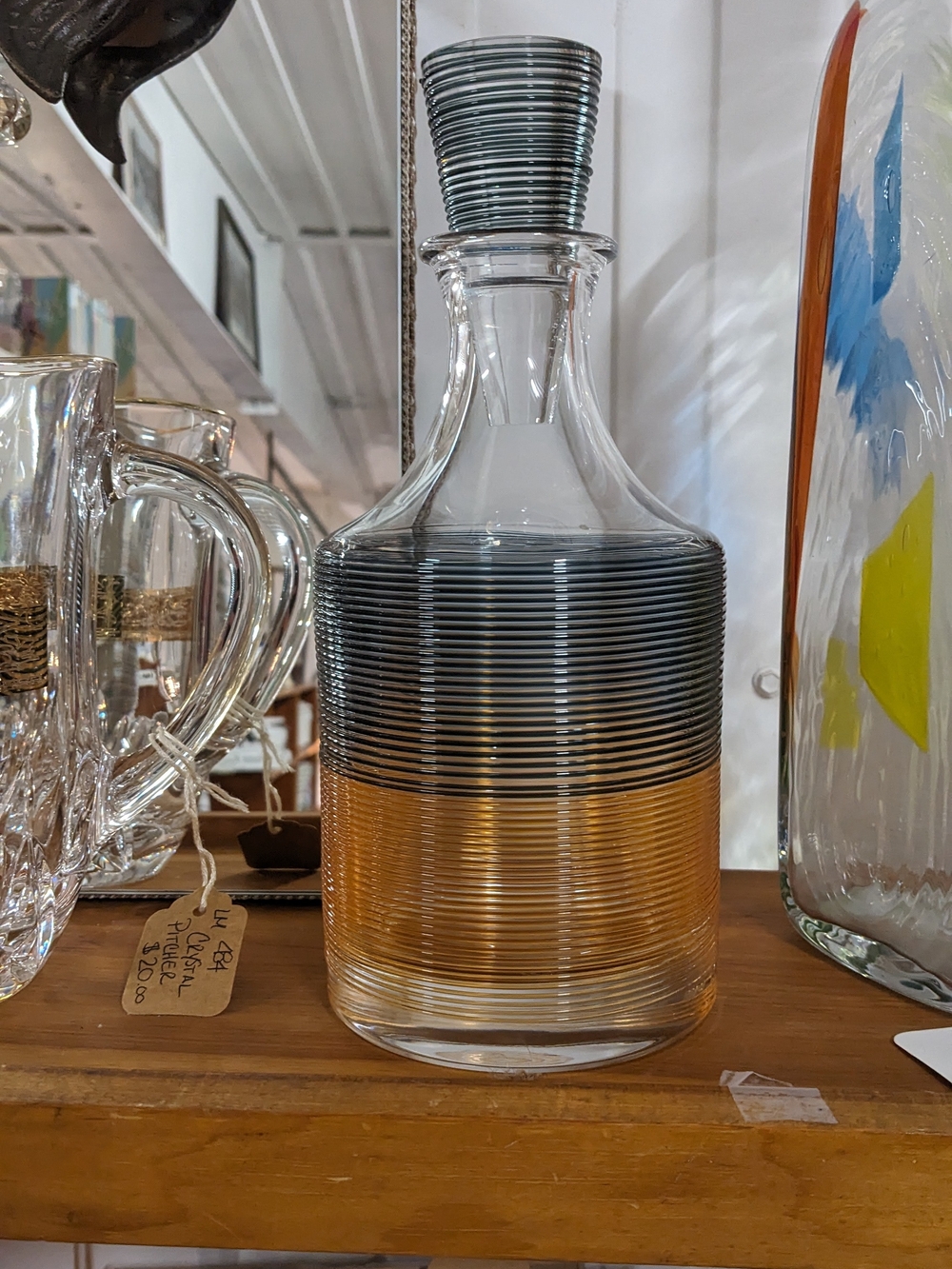 Murano Glass Decanter with Black and Gold Ribbed Bands